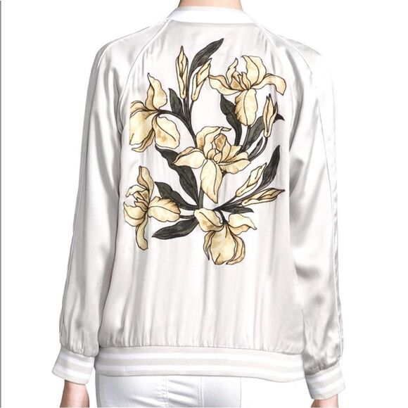 Equipment Bomber Jacket Womens  Sz XS Silk  Light Gray Back Embroidered NWT - Picture 3 of 16